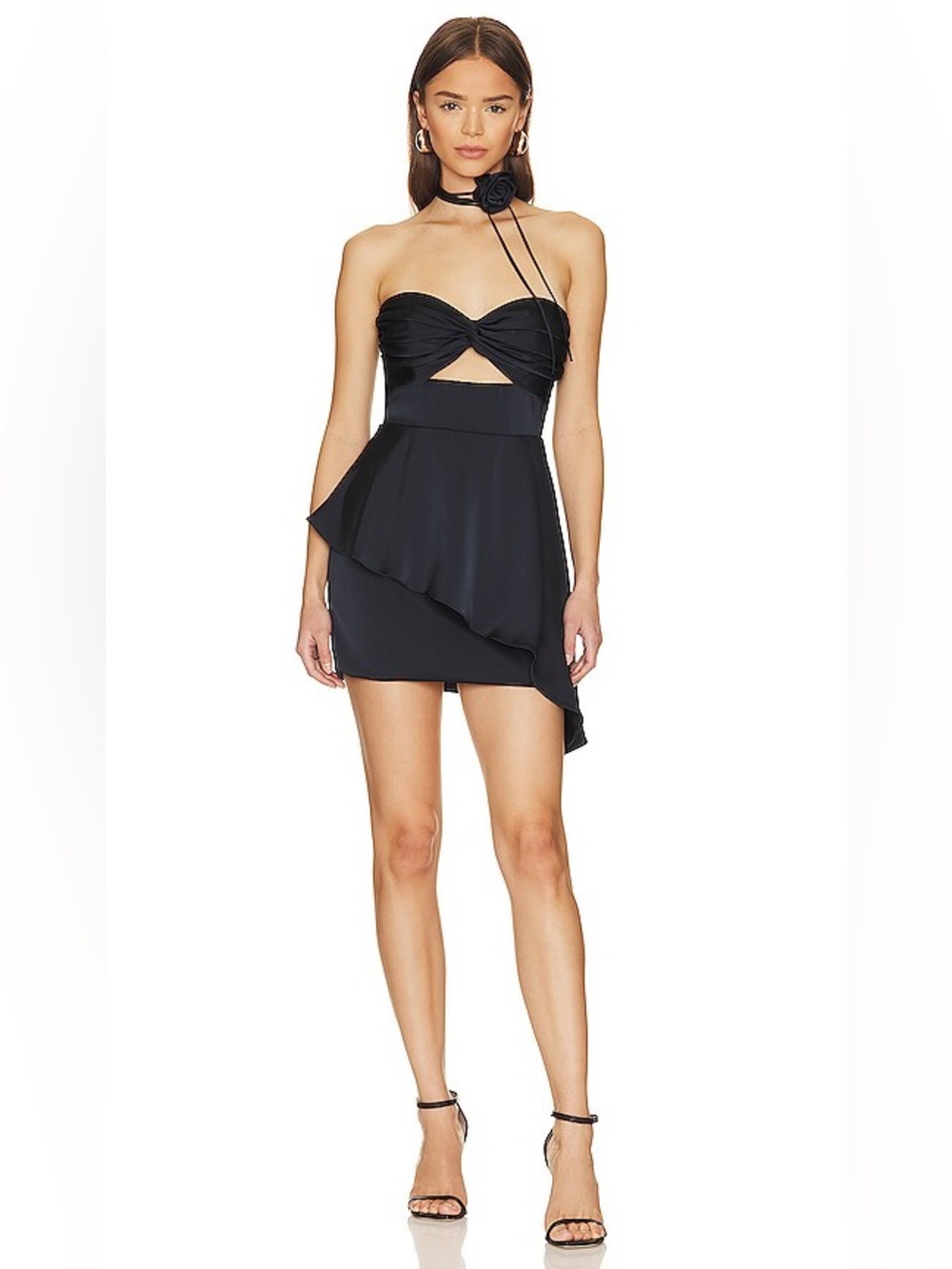 Katie May Black Strapless Peplum Mini Dress with Rosette Halter